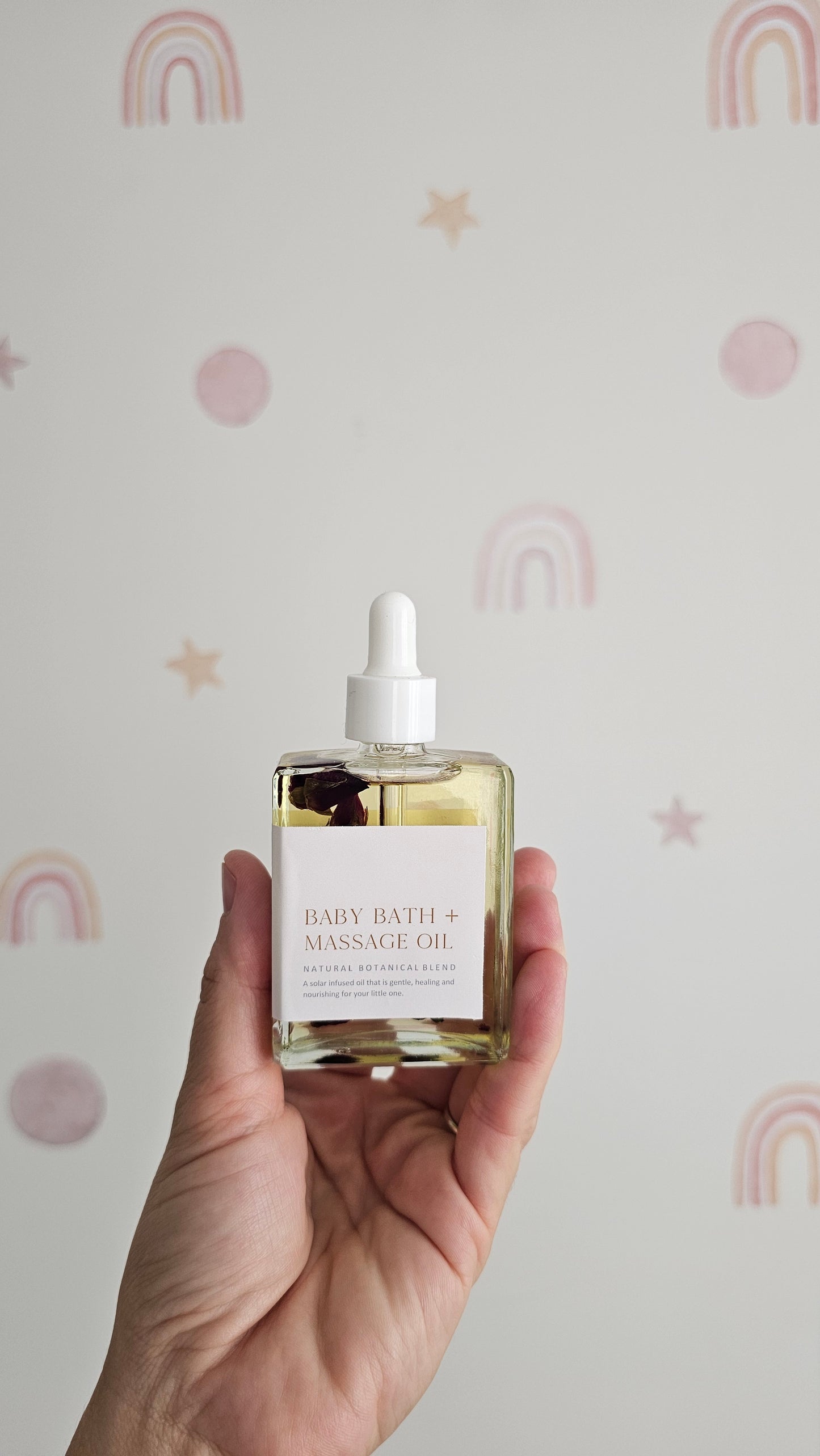 Baby bath and massage oil bottle showing label detail