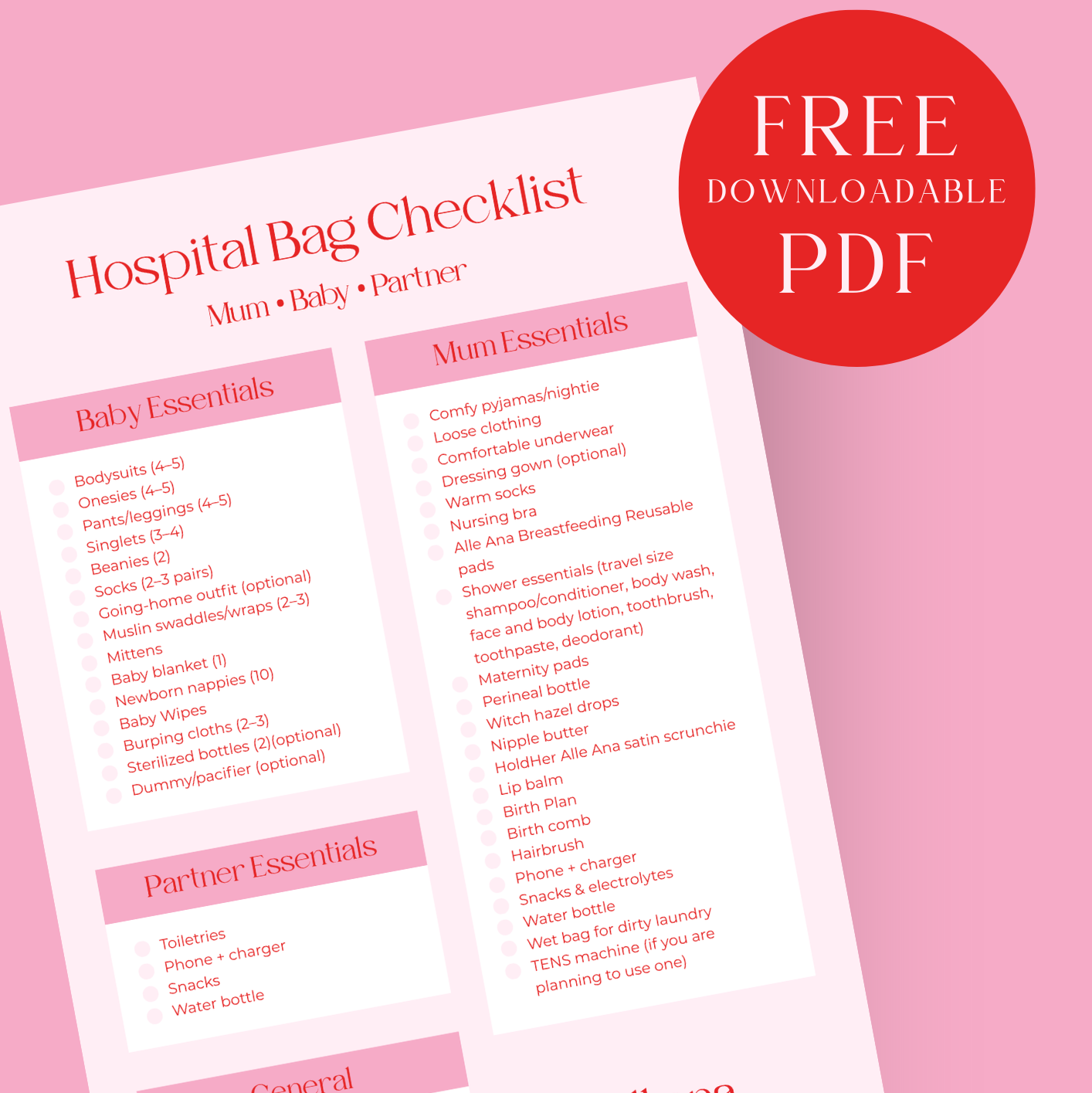 Hospital bag checklist for mum, baby, and partner with a free downloadable PDF label on a pink background.