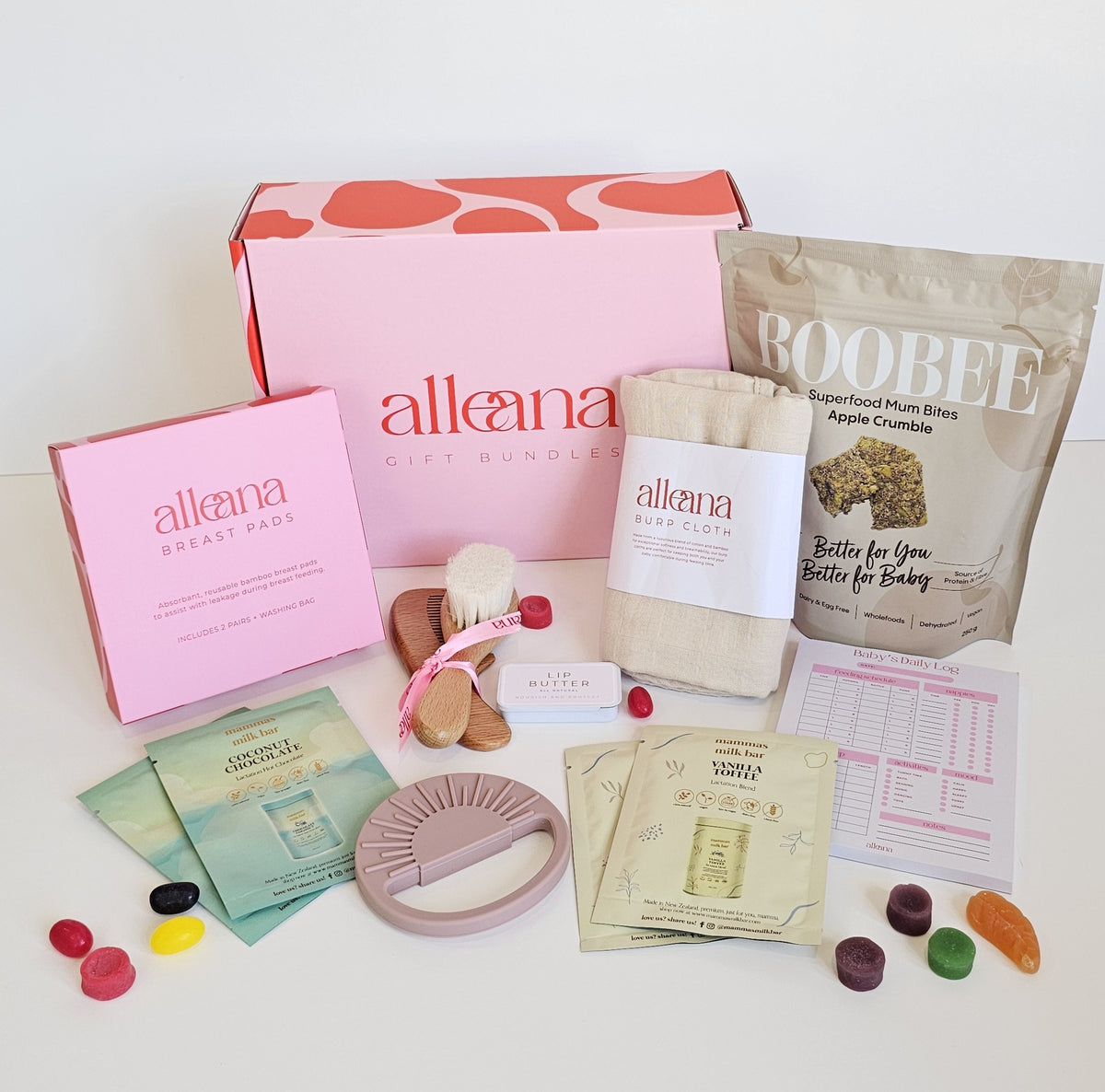 Baby girl pamper bundle contents laid out