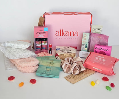 Ready for birth bundle contents including maternity pads and comfort items