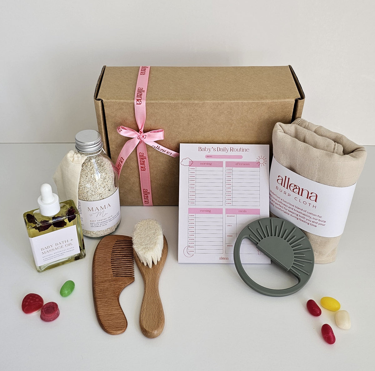 Neutral welcome baby bundle contents laid out