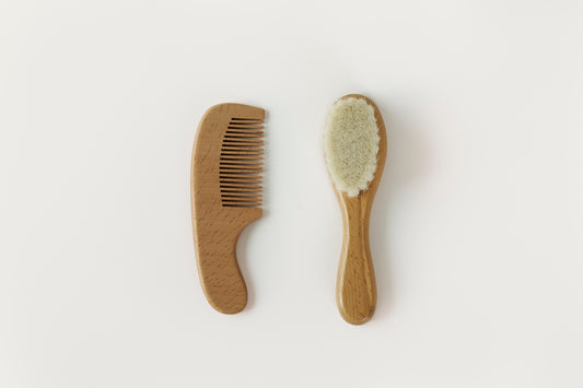 Wooden baby hairbrush and comb set with soft bristles